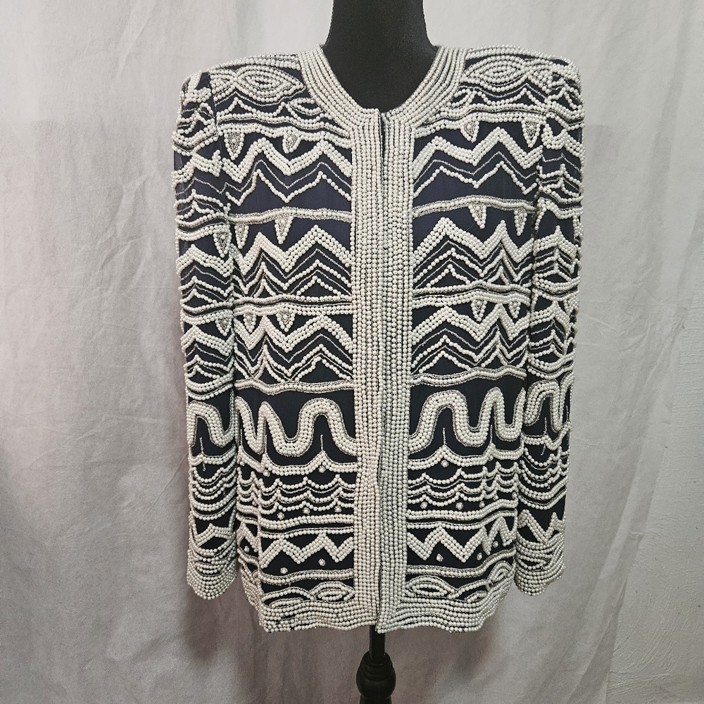 Laurence Kazar jacket M Beaded peal blue white formal vintage 100% Silk